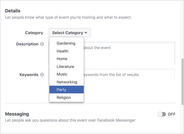 Choisissez la catégorie qui décrit le mieux votre événement Facebook virtuel.