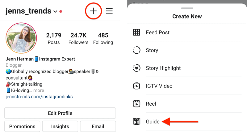 exemple de profil instagram avec l'icône + en surbrillance et le menu contextuel créer un nouveau affiché avec l'option de guide en surbrillance