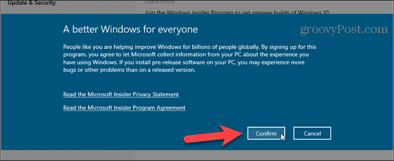 Confirmer l'inscription au programme Windows Insider