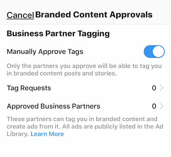 Paramètres d'approbation du contenu de marque Instagram pour le profil d'entreprise