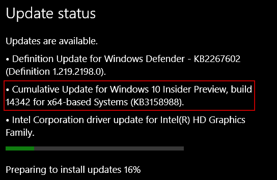 Windows 10 Update KB3158988 pour la version préliminaire 14342 pour PC
