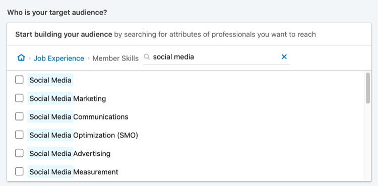 résultats de la recherche de `` médias sociaux '' pour le ciblage des compétences des membres LinkedIn