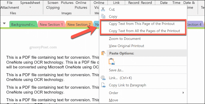 Copie de texte à partir d'une impression de page dans OneNote