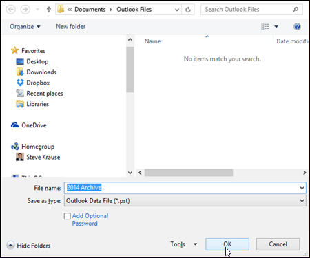 Outlook 2016 - Choisissez le nom et l'emplacement du fichier PST
