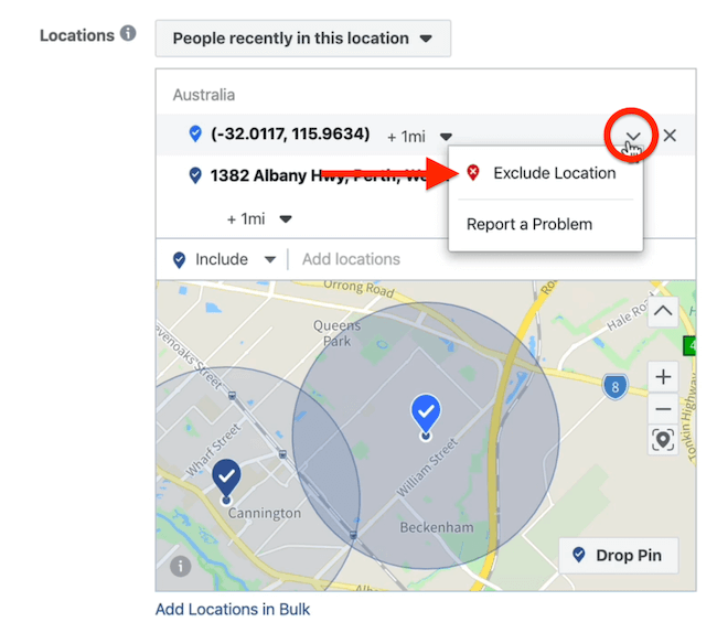 Option d'exclusion d'emplacement au niveau de l'ensemble d'annonces dans Facebook Ads Manager