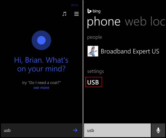 Recherche USB Cortana