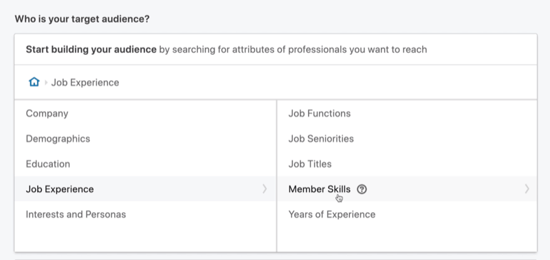 sélectionnez Compétences des membres pour le ciblage des annonces par message LinkedIn