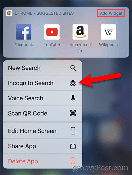 Appuyez longuement sur l'icône Chrome et sélectionnez Recherche en mode navigation privée