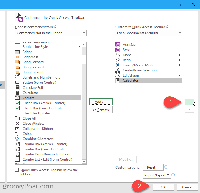 Déplacer la calculatrice vers le haut dans la boîte de dialogue Options Excel