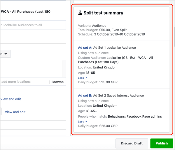 Résumé du test fractionné pour votre test Facebook.