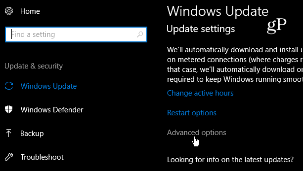 Paramètres avancés de mise à jour de Windows 10