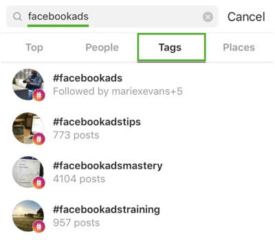 Comment développer stratégiquement votre compte Instagram, étape 9, trouver des hashtags pertinents, par exemple rechercher "facebookads"