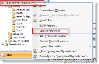 Mettre à jour la liste des dossiers iMAP GMAIL dans la barre d'outils de navigation d'Outlook 2007