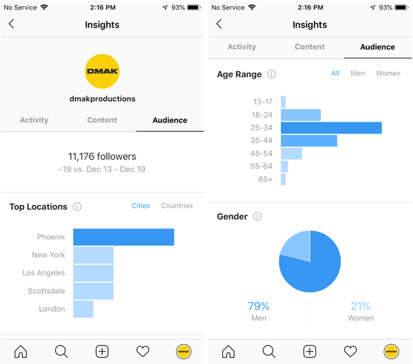 Exemples d'informations Instagram pour le compte DMAK Productions sous l'onglet Audience.