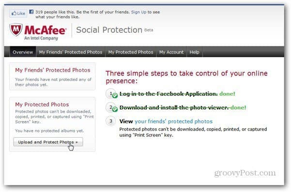 Page de l'application de protection sociale mcaffee