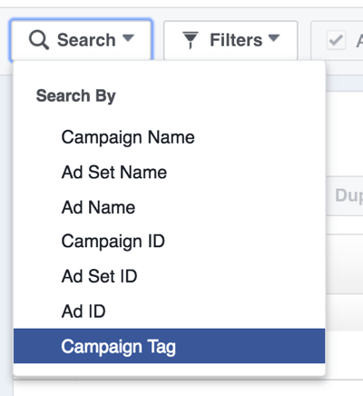 Recherchez des campagnes publicitaires Facebook par tag.
