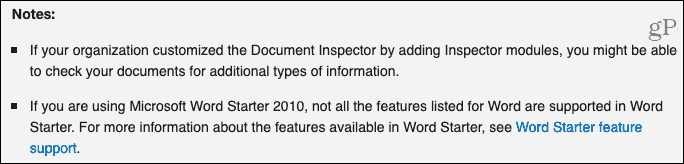 Notes de l'inspecteur de documents du support Microsoft