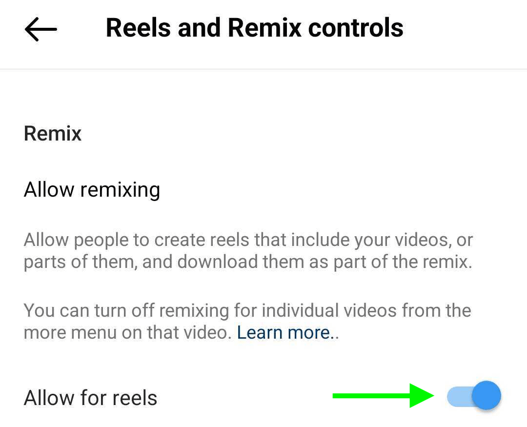 image de Reels et Remix Controls dans les paramètres de profil d'entreprise Instagram