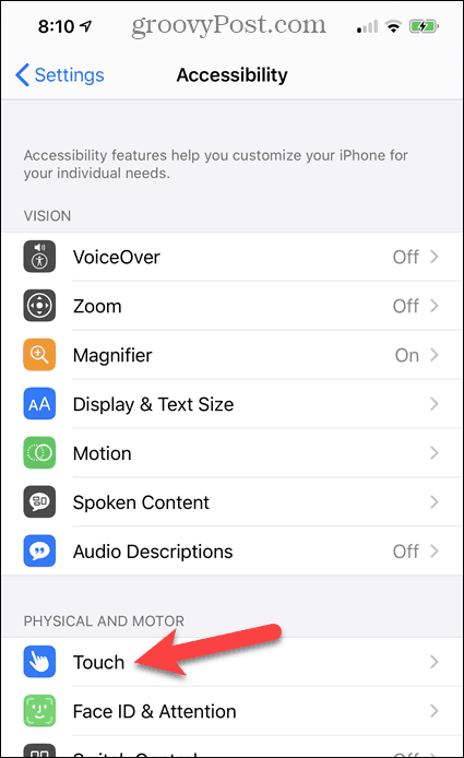 Appuyez sur Touch dans l'accessibilité de l'iPhone