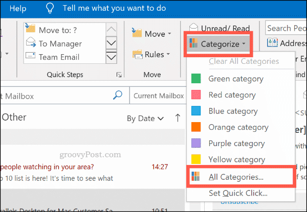 Le menu de catégorisation pour les catégories de couleurs dans Outlook
