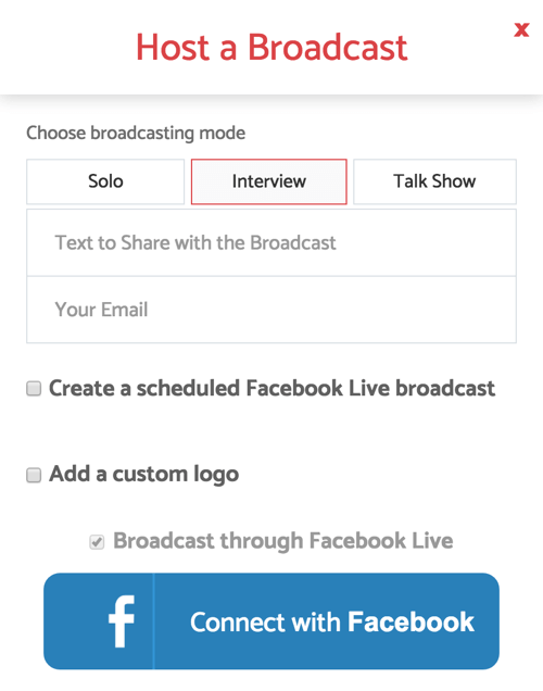 Lorsque vous configurez BeLive pour une émission d'interview en direct, sélectionnez le mode de diffusion d'interview.