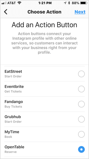 Choisissez un bouton d'action pour l'ajouter à votre profil d'entreprise Instagram.