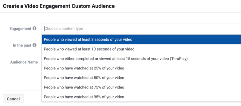audience personnalisée engagement vidéo facebook créer un menu montrant plusieurs options de personnes qui ont regardé au moins quelques secondes à 25%, 50%, 75% et 95%, ou ont regardé jusqu'à la fin