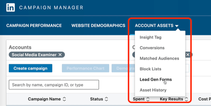 capture d'écran des formulaires Lead Gen sélectionnés dans LinkedIn Campaign Manager