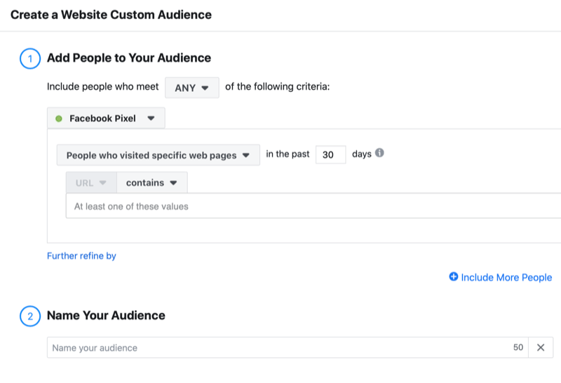 exemple facebook créer un menu d'audience personnalisé de site Web comprenant les options pour ajouter les personnes qui ont visité des pages Web spécifiques au cours des 30 derniers jours en utilisant le pixel Facebook avec la possibilité de nommer votre public