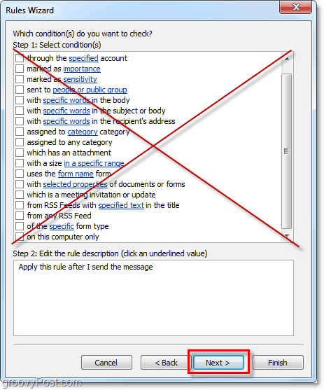 ne sélectionnez aucune condition pour les courriels envoyés par Outlook 2010