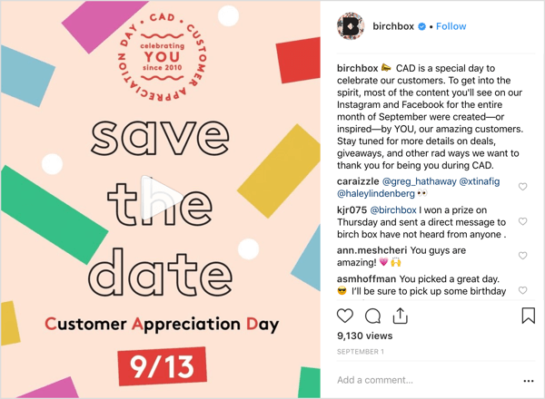 Le compte Instagram de Birchbox a offert aux abonnés des offres, des cadeaux et des surprises pour marquer la journée d'appréciation des clients.