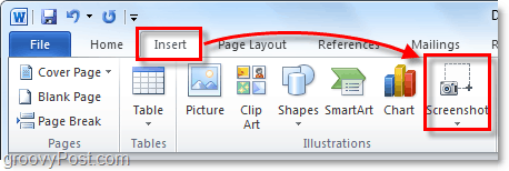le bouton de capture d'écran se trouve sous le ruban d'insertion dans Office 2010