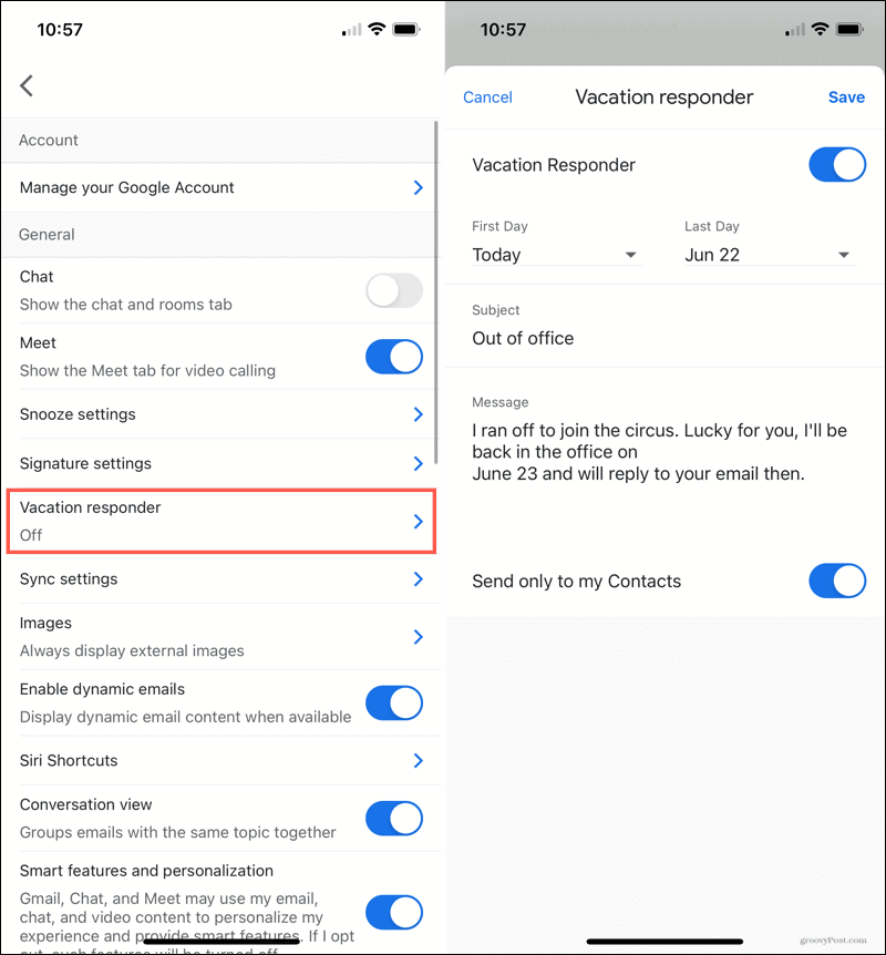 Gmail Out of Office Vacation Responder sur iPhone