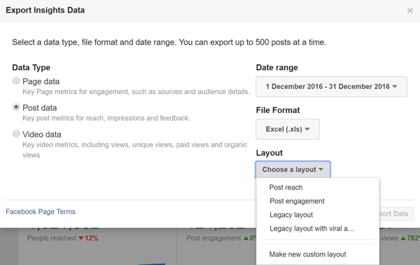 Choisissez une mise en page lors de l'exportation de votre Facebook Post Data Insights.
