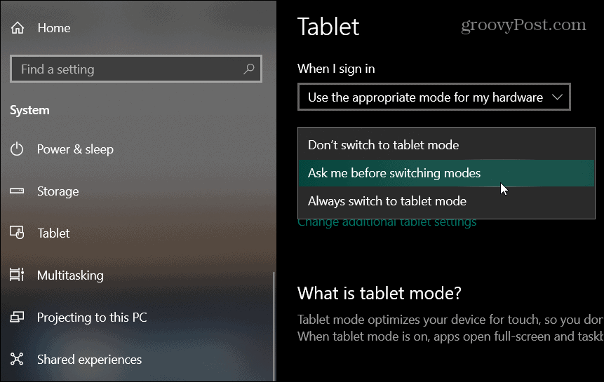 paramètres de la tablette windows 10