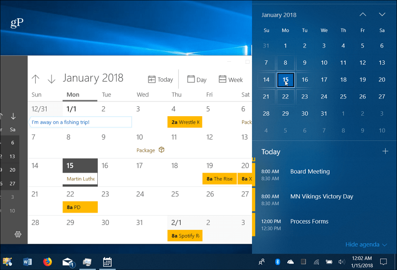 Événements de calendrier Barre des tâches de Windows 10