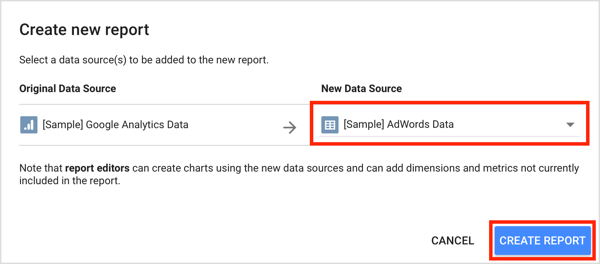 Sélectionnez votre source de données dans le menu déroulant et cliquez sur Créer un rapport.