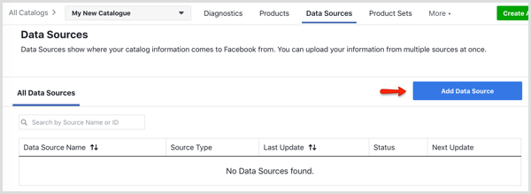 Bouton Ajouter une source de données sur l'onglet Sources de données dans Facebook Catalog Manager