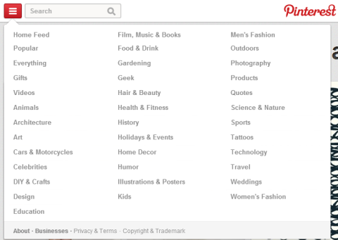 Section des nouvelles catégories de Pinterest