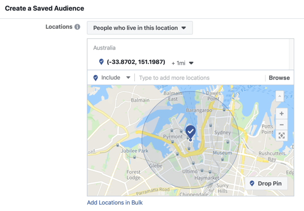 Comment promouvoir votre événement en direct sur Facebook, étape 5, option pour créer une audience enregistrée en fonction de l'emplacement de l'événement
