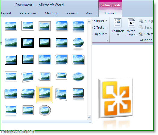 le ruban de formatage des outils d'image dans Word 2010 a beaucoup de grands effets photo prédéfinis