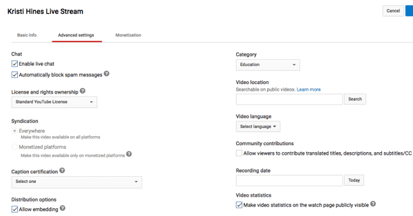 configuration en direct de youtube