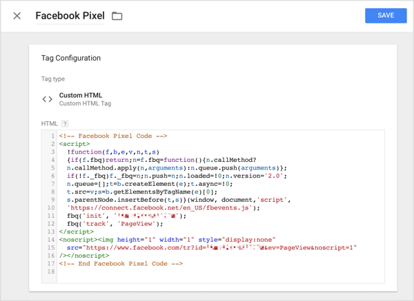 Dans Google Tag Manager, cliquez sur l'option HTML personnalisé et collez le code de suivi que vous avez copié depuis Facebook dans la zone HTML.