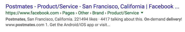 Page Facebook Postmates comme résultat de recherche Google.