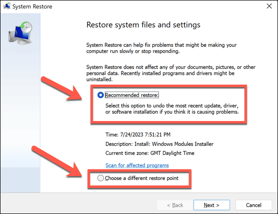 options de restauration de windows 11