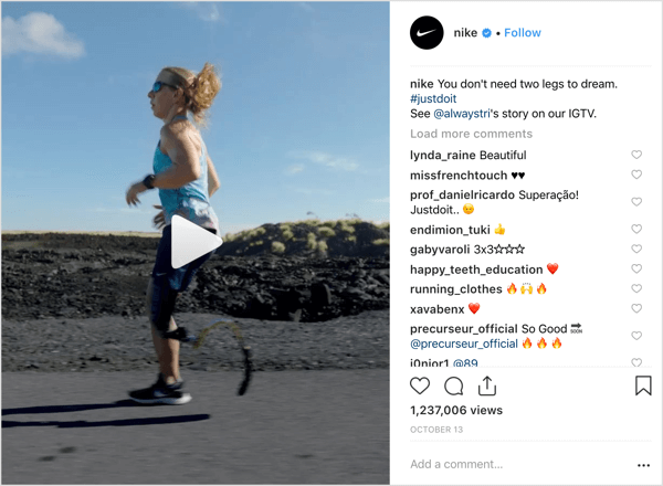Post Instagram de Nike qui fait la promotion d'IGTV