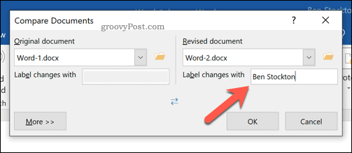 Définition de l'étiquette des modifications révisées dans l'outil de comparaison de documents Word