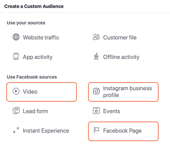 Comment créer des publicités Facebook, exemple de sources d'engagement Audiences personnalisées pour les publicités