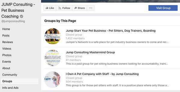 Comment utiliser les fonctionnalités des groupes Facebook, exemple de groupes sur la page Facebook, JUMP Consulting