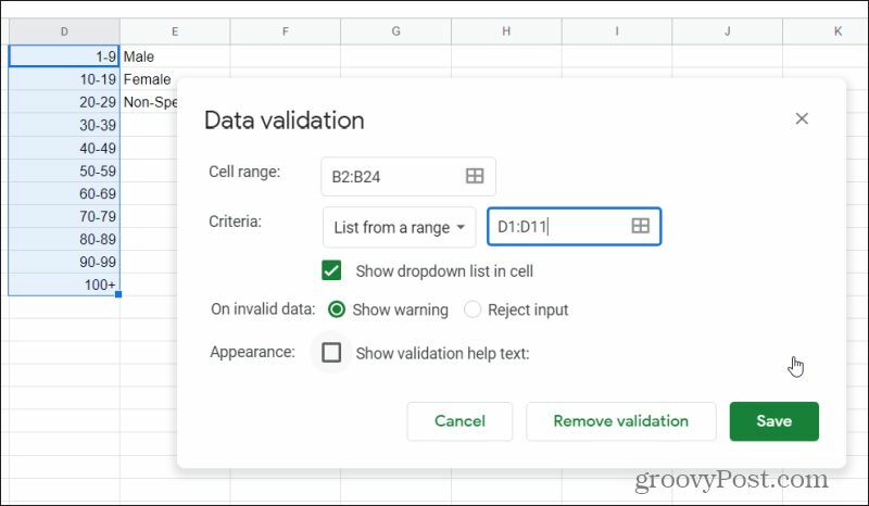 fenêtre de validation des données dans Google Sheets